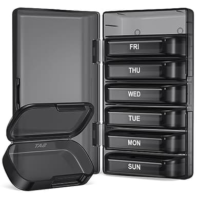 PULIV Weekly Pill Organizer with Large Capacity, Dual Protection Pill Box 7 Day, Arthritis Friendly Pill Case Easy to Open, Medicine Organizer for Vitamins, Medications, Fish Oils, Supplements (Black)