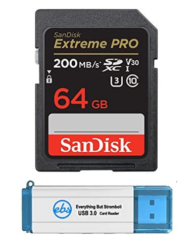 SanDisk Extreme Pro 64GB SDXC Card for Canon Camera Compatible with EOS M50 Mark II, EOS Ra Class 10 UHS-1 (SDSDXXU-064G-GN4IN) Bundle with (1) Everything But Stromboli 3.0 SD Memory Card Reader