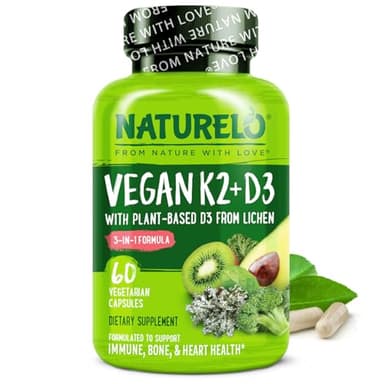 NATURELO Vitamin D3 K2 - Vegan K2+D3 with Plant Based D3 from Lichen - Natural D3 Supplement for Immune System, Bone Support, Heart Health - Whole Food - Non-GMO - Gluten Free, 60 Capsules