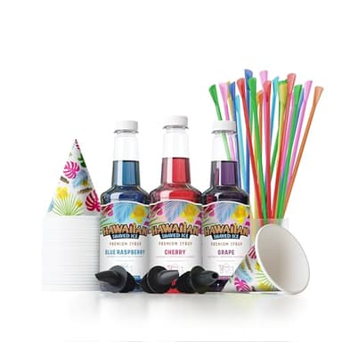 Hawaiian Shaved Ice Syrup Assortment with 3 - 16oz Bottles, 25 Snow Cone Cups, 25 Spoon Straws, and 3 Pouring Spouts. Flavors: Cherry, Blue Raspberry, and Grape. Allergy-friendly.
