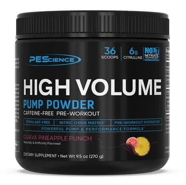 PEScience High Volume Stim-Free Pre-Workout Pump Powder, Caffeine-Free with L-Citrulline & L-Arginine Nitrate, Non-Stim Preworkout for Men and Women - 36 Scoops, Guava Pineapple Punch