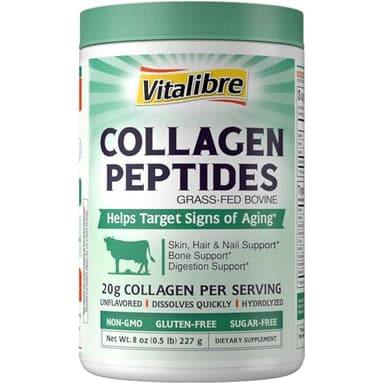 Vitalibre Bovine Collagen Peptides Powder for Women and Men, Grass-Fed Hydrolyzed Collagen Protein Type I & III, Skin, Hair, Nails, Bones, Digestion, Unflavored, Non-GMO, Keto & GF, 11 Servings, 8oz