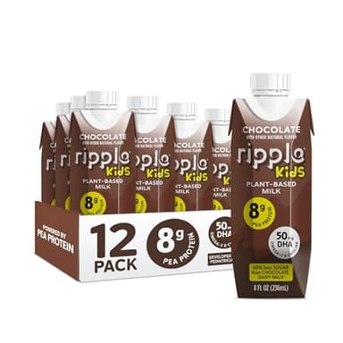 Ripple Kids Chocolate Plant Based Milk | Pediatrician Reccommended | 8g Pea Protein | Shelf Stable | Vegan & Non GMO Certififed | Dairy, Soy, Nut, Gluten, and Lactose Free | 8 Fl Oz (Pack of 12)