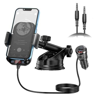 Bluetooth Car Adapter 3 in 1 FM Transmitter Car Radio Bluetooth Transmitter with Phone Holder, QC3.0 Fast Charging, Strong Microphone, HiFi Bass Sound, Hands-Free Call, Support USB/TF Drive