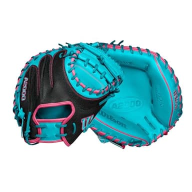 Wilson Fall 2024 A2000® CM33SS 33” Baseball Catcher’s Mitt - Right Hand Throw, Black/Teal/Flamingo