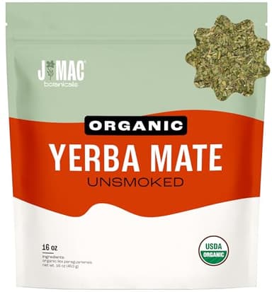 J Mac Botanicals Organic Yerba Mate Loose Leaf Tea, Unsmoked Natural Energy Herbal Tea, High Caffeine Coffee Alternative, Pure Leaf from Brazil, 1 lb