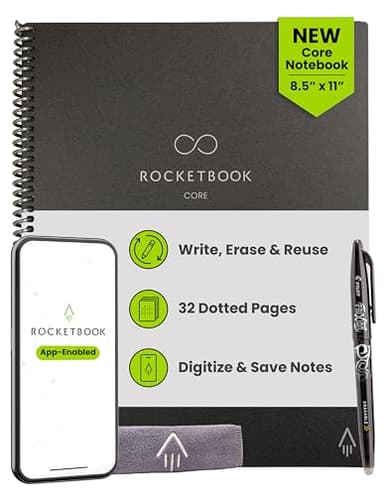 Rocketbook Core Reusable Smart Notebook, Dot Grid Pages For School, Work and Creative Projects, Letter Size 8.5x11, Black - Premium