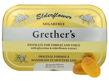 GRETHER'S Sugarfree Elderflower Pastilles – Premium Swiss Throat Lozenges for Dry Mouth & Throat Comfort – Intense Fruit Flavor – Gluten & Lactose Free – Gift for Singers – 3.75 oz