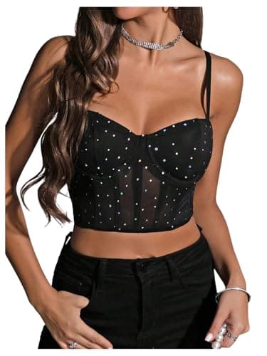 Floerns Women's Crop Rhinestone Sexy Bustier Corset Tops Lingerie Spaghetti Strap Sheer Mesh Night Out Camisole Black Medium