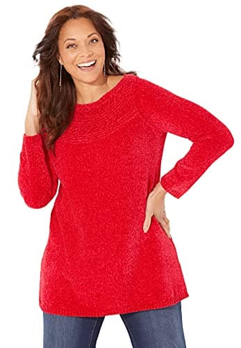 Catherines Women's Plus Size Chenille Cable-Knit Boatneck Sweater - 3X, Classic Red