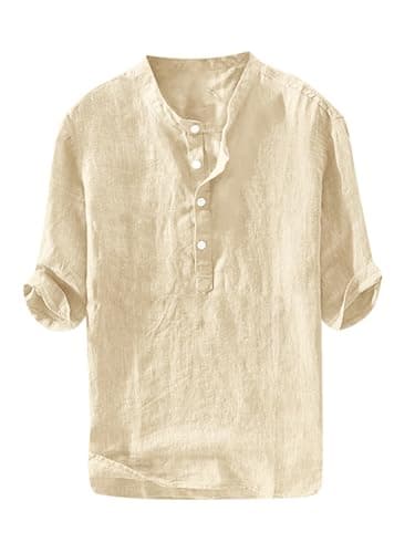 Ryannology Mens Linen Shirts Henley 3/4 Sleeve Casual Cotton T-Shirt Regular-Fit Lightweight Beach Yoga Tunic Tops
