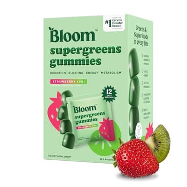 Bloom Super Greens Gummies, Daily Greens Superfood Fiber Gummies with Fruits, Vegetables, Vitamins & Minerals for Digestive & Gut Health, Bloating Support, Strawberry Kiwi, 12 Servings (48 Total)