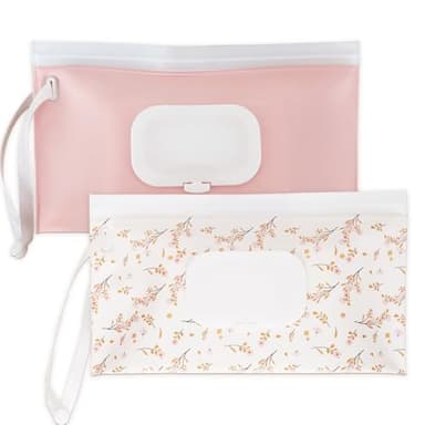 eoscasely Wipe Dispenser and Wipes Container, 2 Pack Reusable Wipes Holder and Travel Wipes Case, Refillable Pouch for Baby Essentials, Pink & Leaf Design (pink)
