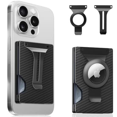 Magnetic Phone Wallet Compatible with Apple MagSafe - Metal Card Holder with AirTag Holder, RFID Blocking & Money Clip Mag Safe Wallet for iPhone 16 15 14 13 12 Pro Max/Pro/Plus/Mini, Carbon Fiber