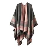 Shawl Wraps for Women, Elegant Knitted Cape Open Front Soft Poncho Scarf Blanket Cardigan Coat for Spring, Autumn and Winter (Pink Gray)