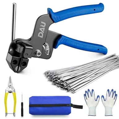 DAU Stainless Steel Cable Tie Gun Kit-150PCS Metal Zip Ties (3 Sizes), Tensioning/Cutting Tool for Fencing, Chicken Coop, Cable Bundling, Exhaust Repair & Structural Reinforcement
