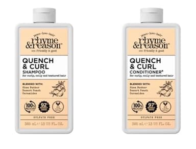 Rhyme & Reason Quench and Curl Shampoo & Conditioner Set. 13 Fl Oz Each Bottle. For Curly, Coily, Textured Hair. Blended with Shea Butter, Desert Peach Ceramides. Vegan, Sulfate Cruelty Free., Clear
