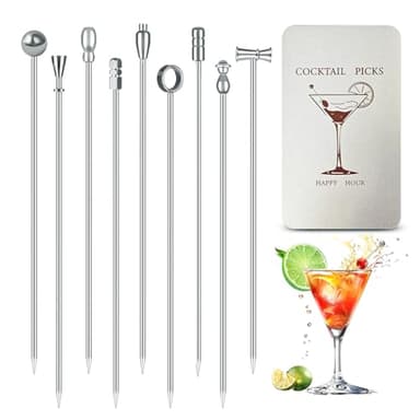 9 PCS Metal Martini Cocktail Picks, 4.38 Inches Olive Skewers Stainless Steel, Martini Garnish Sticks Reusable, Metal Toothpicks for Drinks, Appetizers, Bar Accessories Supplies for Bartenders -Sliver