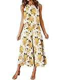 ROYLAMP Women's Summer 2 Piece Outfits Round Neck Crop Basic Top Cropped Wide Leg Pants Set Jumpsuits White Floral Big XX-Large