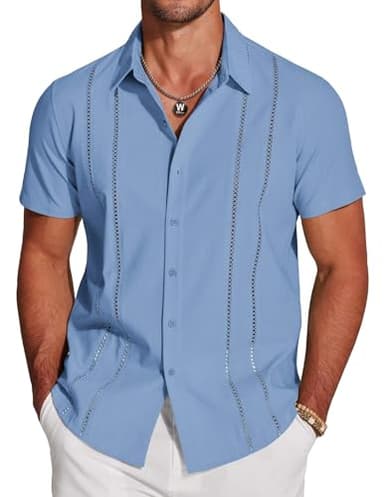 COOFANDY Men's Cuban Guayabera Shirt Short Sleeve Button Down Shirts Casual Summer Beach Linen Shirts Blue