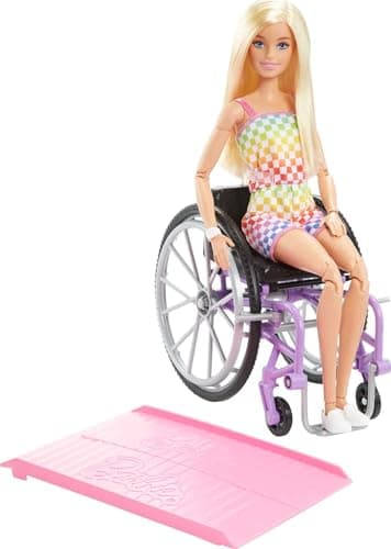 Barbie Doll with Wheelchair and Ramp, Kids Toys and Gifts, Blonde, Barbie Fashionistas, Rainbow Romper, Clothes and Accessories