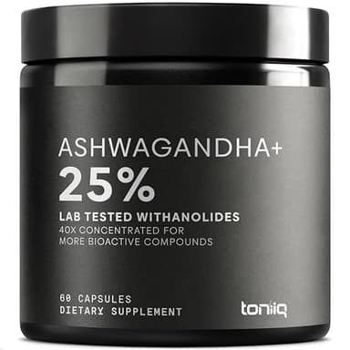Toniiq Ashwagandha - Ultra High Potency 40:1 Extract with 25% Withanolides - Wild Harvested in India - Highly Concentrated & Third-Party Lab Tested - 60 Capsules
