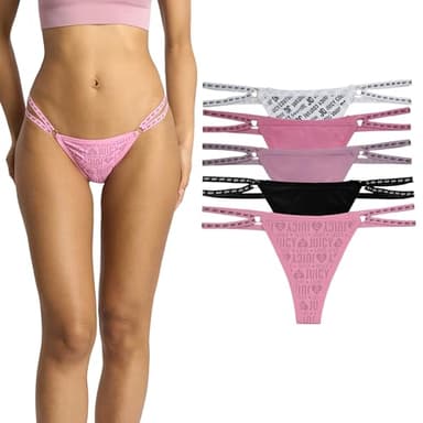 Juicy Couture Women's Strappy Stretch Logo Thong Underwear Set, 5-Pack (US, Alpha, Medium, Regular, Regular, JC Heart Block/Black/Mauve Morning/Love Stone/JC Block Text)