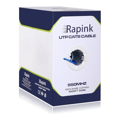 Rapink Cat6 Ethernet Cable 1000ft, Cat6 ethernet Cable 23AWG Solid Bare Copper 10G Support, UTP cat6 Cable 550MHZ, cat 6 Cable 1000ft POE Support Blue