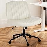 DUMOS Criss Cross Chair with Wheels, Legged Office Armless Wide Desk Seat Dual-Purpose Base, Adjustable Swivel Leather Task Vanity Home Office Desk Seating, Cream