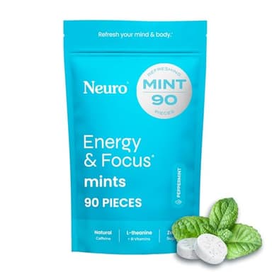 Neuro Energy & Focus Mints - Sugar Free Breath Mints with 40mg Natural Caffeine, B Vitamins & L-Theanine - Vegan Brain Supplement for Exercise, Study & Daily Focus - Peppermint, 90 ct