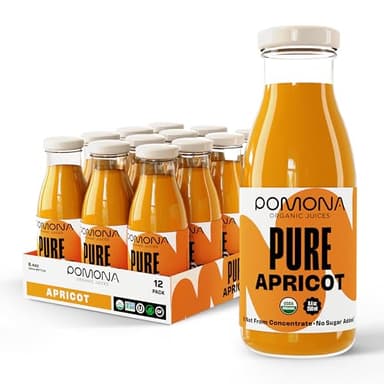 Pomona Organic Apricot Juice, Cold Pressed USDA Organic Juices, 100% Apricots, No Added Sugar, Not From Concentrate, Vegan, Kosher, Non GMO, Pasteurized, 8.4 oz Glass Bottles (Pack of 12)(Packaging May Vary)