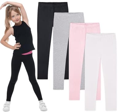 FEQO 4 Pack Girls Cotton Leggings Pants Full Length Basic Leggings Stretchy Legging Footless Tight Pants,6-7 Years(Black, Gray, Pink, White)