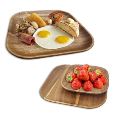 MinBoo Wooden Acacia Plates set of 3, 9-6Inch Wood Acacia Serving Trays, Farmhouse Kitchen Plates, Reusable Wooden Dishware for Dining, Appetizers, Snacks, Parties (square)