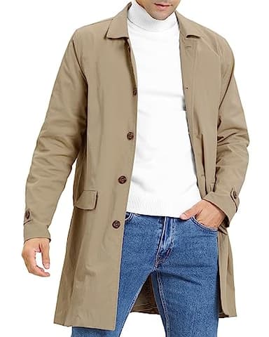 Coutgo Mens Trench Coat Slim Fit Single Breasted Casual Long Jacket Lightweight Lapel Fall Windbreaker Overcoat