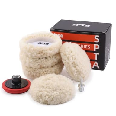SPTA Wool Polishing Pad, 5Pcs 3"(75mm) 100% Natural Wool Buffing Pad with 1Pc Hook&Loop Backing Pad, 1Pc Extension Shank for Drill Polisher Cutting, Car Body Repair Buffing