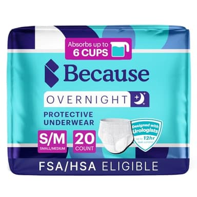 Because Overnight Absorbency Pull Ups - Adult Disposable Incontinence Underwear, Extra Absorbent Nighttime Briefs for Men and Women, White, Small/Medium, 20 Count