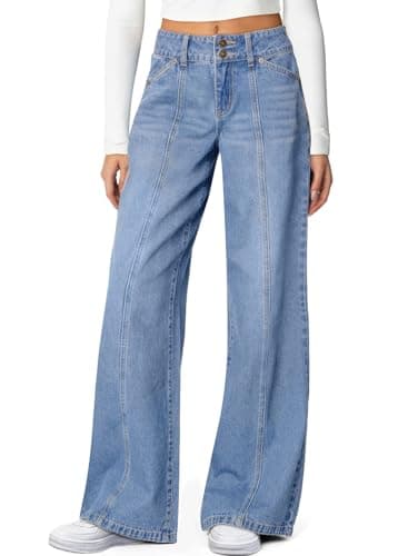 Sidefeel Women's Wide Leg Jeans High Waisted Stretchy Jeans Trendy Seamed Front Straight Leg Loose Denim Pants Iceland Blue Size 8
