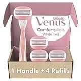 Gillette Venus ComfortGlide White Tea Women's Razor, Pivoting Head, Gel Bar, No Shave Cream Required, 3 Bladed for Smooth Shave, 1 Handle + 4 Blade Refills
