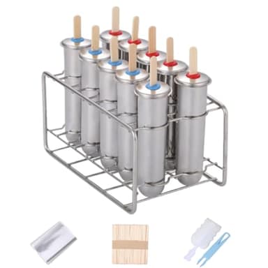 10Pcs Stainless Steel Popsicle Molds and Rack Ice Cream Popsicle Molds with 10 Round Ice Pop Makers + 100 Reusable Bamboo Sticks + 20 Bags + 1 Cleaning Brush + 1 Rack (Silver (Round))