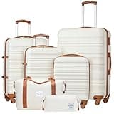 LONG VACATION Luggage Set 4 Piece Luggage with ABS hardshell TSA Lock Spinner Wheels Carry on Suitcase (WHITE-BROWN, 6 piece set)