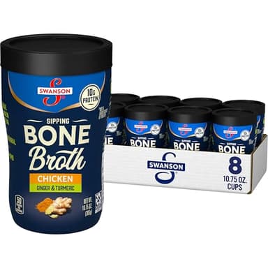 Swanson Sipping Chicken Bone Broth With Ginger and Turmeric, 10.75 oz Microwavable Cup (8 Pack)