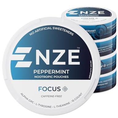 NZE Caffeine Free Nootropic Pouches (Peppermint) - Nootropic Pouches with Alpha GPC, L-Tyrosine & L-Theanine - No Sugar or Artificial Sweeteners - 15 Nicotine Free Pouches Per Can - 5 Pack