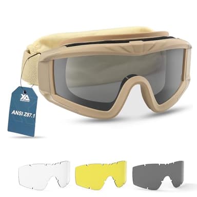 xaegistac Airsoft Goggles, Tactical Safety Goggles Anti Fog Military Eyewear with 3 Interchangable Lens for Paintball Riding Shooting Hunting Cycling (Khaki)