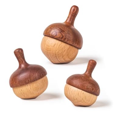 DadCarved Wooden Spinning Tops Acorn Toy | 3 Pcs Wood Tops Made from Sapele and Beech Hardwood with Cotton Drawstring Storage Bag | Smooth & Safe for Toddlers Skill Play and Travel, Gift-Ready