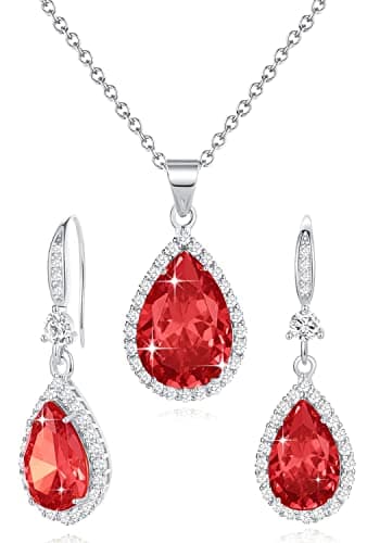 Women Jewelry Set Silver/Gold Plated Teardrop Pendant Necklace Dangle Drop Earrings Dangling Sets Birthstone Crystals Rhinestone,Birthday Anniversary Wedding Mother’s Day Gifts for Women White Gold Plated Ruby red