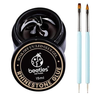 Beetles Rhinestone Glue for Nails with 2 Dual Purpose Brush Pen, 1Pcs 15ml Nail Glue for Nail Art Adhesive Resin Gems Diamonds Jewelry Decoration Soak Off Led Lamp Nails Gifts for Women