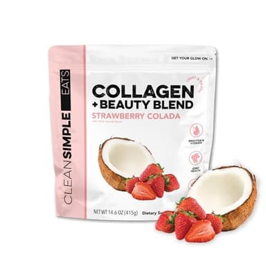 Clean Simple Eats Collagen Powder + Beauty Blend, Strawberry Colada, Hydrolyzed Collagen Peptides from Grass Fed Bovine & Chicken, Hyaluronic Acid for Hair, Skin, Nail & Joint Support, 30 Servings