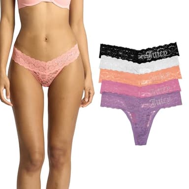 Juicy Couture Women's Stretch Lace Rhinestone Thong Underwear Set, Panties for Women, 5-Pack (US, Alpha, Large, Regular, Regular, Lazy Lilac/Hollywood Pink/Grapefruit/White/Black)
