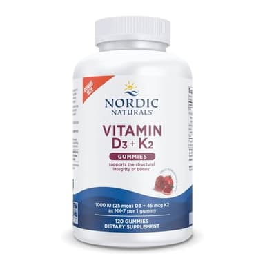 Nordic Naturals Vitamin D3 + K2 Gummies, Pomegranate - 120 Gummies - 1000 IU Vitamin D3 + 45 mcg K2- Great Taste - Bone Health, Promotes Healthy Muscle Function - Non-GMO - 120 Servings