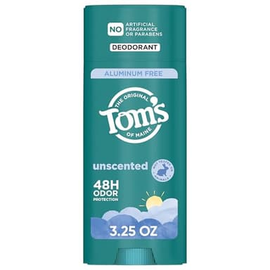 Tom’s of Maine Unscented Natural Deodorant for Men and Women, Aluminum Free, No Artificial Fragrances, Dyes, or Preservatives, Baking Soda Free, 48 Hour Odor Protection, 3.25 oz